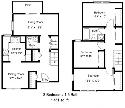Floor plan for 3 beds, 2 baths, 1331 sqft